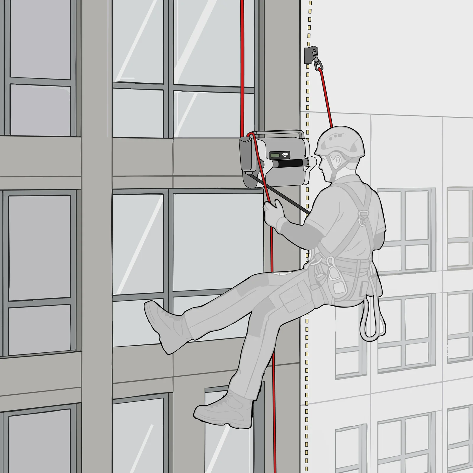 SNL powered ascender shown in operation on a high-rise façade